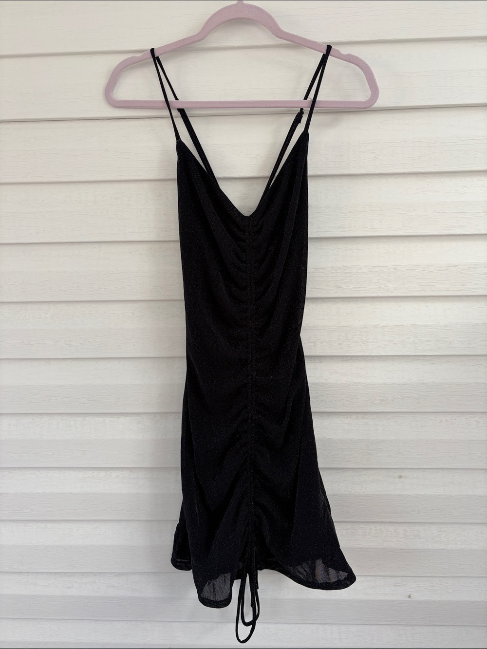Lulus Black Shimmer Ruched Mini Dress M Criss Cross Open Back Y2K
